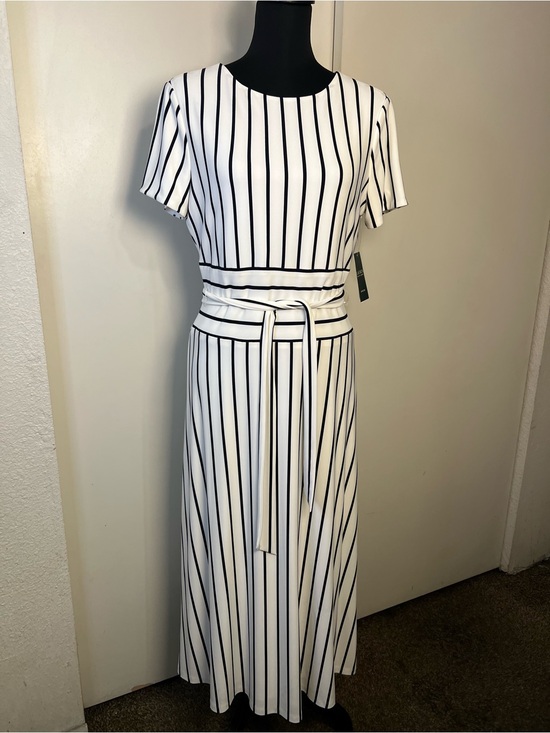 Ralph Lauren Dresses & Skirts - Ralph Lauren White Maxi Dress with Black Vertical Stripes and Waist Tie